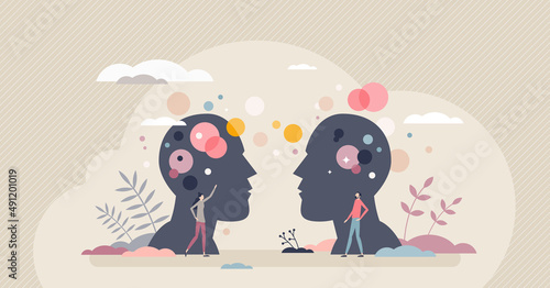 Empathy and emotional connection or support for couple tiny person concept. Emotion intelligence and ability to understand other people feelings vector illustration. Harmony, trust and solidarity.
