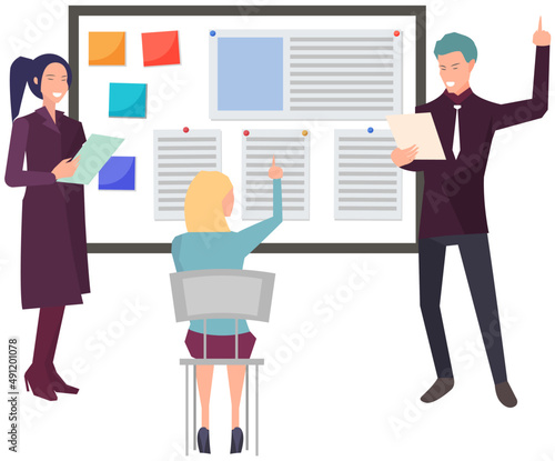 Business meeting with people communicating, discussing strategy plan on board. Workers brainstorming during presentation of idea concept. Employees analyze new plan of strategic development