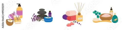 Spa salon aroma compositions. Massage and wellness studio accessories, relaxation and aromatherapy candles, hot stones and salt, lavender flowers and bath towels vector cartoon flat set