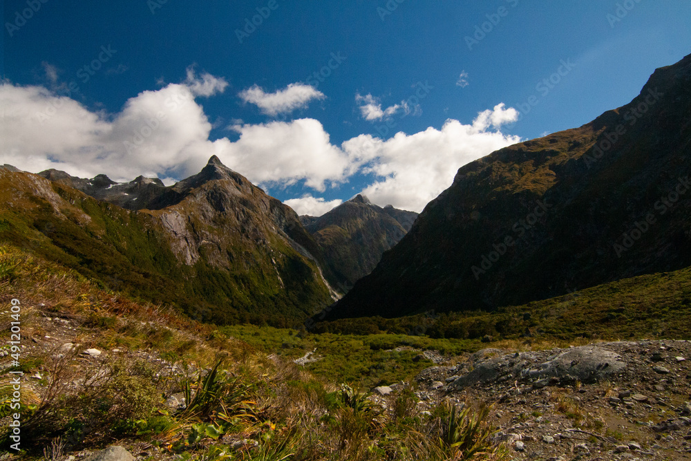 Rocky Bed of Roaring Burn and Mount Hart in the background, Milford Track New Zealand