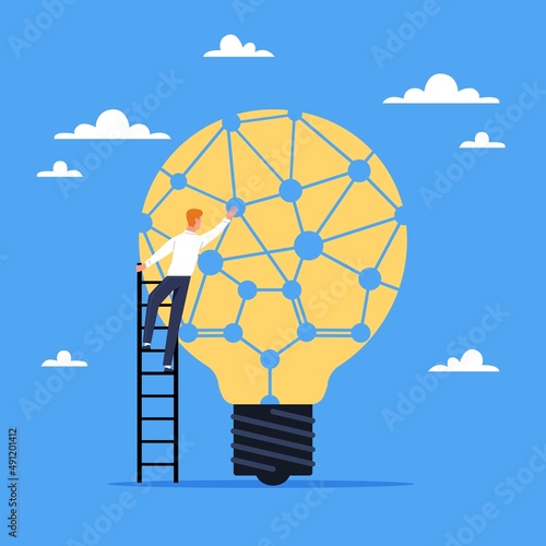 Technological ideas. Creating technologies, man on stairs and big light bulb, futuristic innovation in company, corporate creative progress, vector innovative modern concept