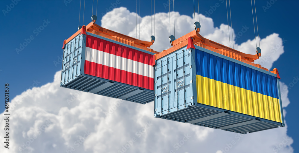 Cargo containers with Austria and Ukraine national flags. 3D Rendering 