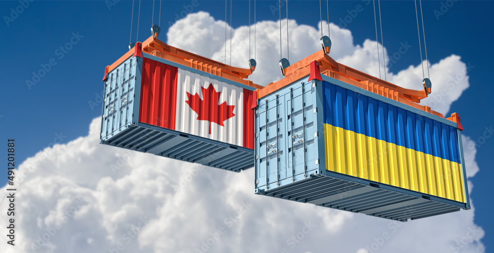Cargo containers with Canada and Ukraine national flags. 3D Rendering Cargo containers with Canada and Ukraine national flags. 3D Rendering