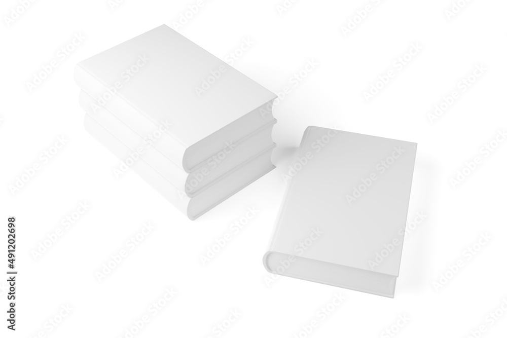 Stack of three white blank hardcover books with one rotated in front templates or mock ups laying on white background with copy space Stack of three white blank hardcover books with one rotated in front templates or mock ups laying on white background with copy space