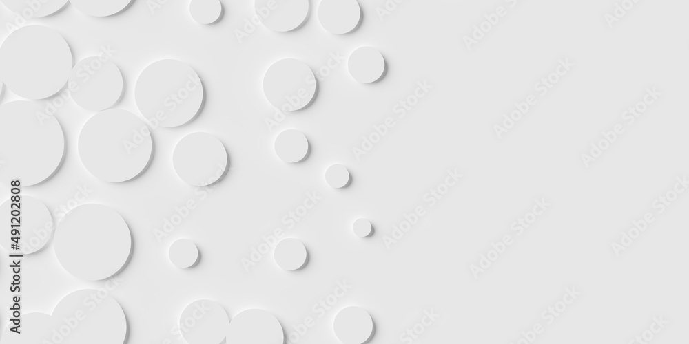 Fading out random moved scaled circle or cylinder shapes on white background wallpaper banner pattern with copy space