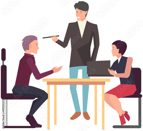 Businesspeople have project strategy planning meeting. Teamwork with business plan, creating new creative project. Meeting to discuss starting business. Colleagues discussing work in entrepreneurship