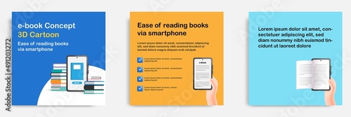 3D cartoon style. Social media informative education and study tips post banner template layout design. Mobile reader, e book app concept.