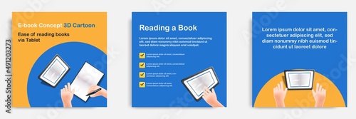 mobile, app, e reader, book, e book, reading, tablet, hand,3D cartoon style. Social media informative education and study tips post banner template layout design. Mobile reader, e book app concept.
