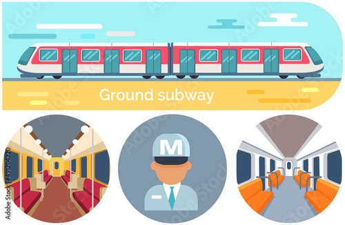 Metro station and passenger train vector illustration. Set with moving staircase, navigation, passenger seats, turnstile for website infographics. Trains of subway, high speed public transport metro