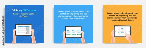 3D cartoon style. Social media informative education and study tips post banner template layout design. Mobile e library app concept - borrow rent book