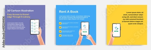 3D cartoon style. Social media informative education and study tips post banner template layout design. Mobile e library app concept - borrow rent book