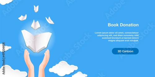 Hand release book, flying above the cloud. Study abroad and book donation concept. 3D cartoon stye design illustration