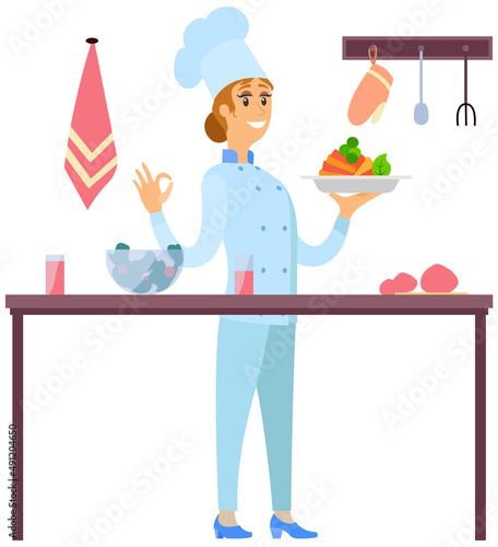 Best chef logo Woman holds plate with ready-made meal. Restaurant service, breakfast or dinner dish vector. Design for restaurant menu. Female kitchener serves dish from chef, healthy food at cafe