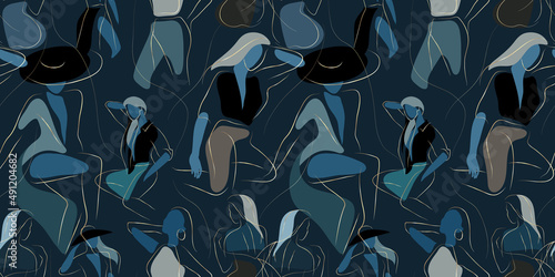 Vector seamless pattern with woman in minimal linear style Fashion illustration by femininity, beauty and modern art. Abstract poster and t-shirt print Vector