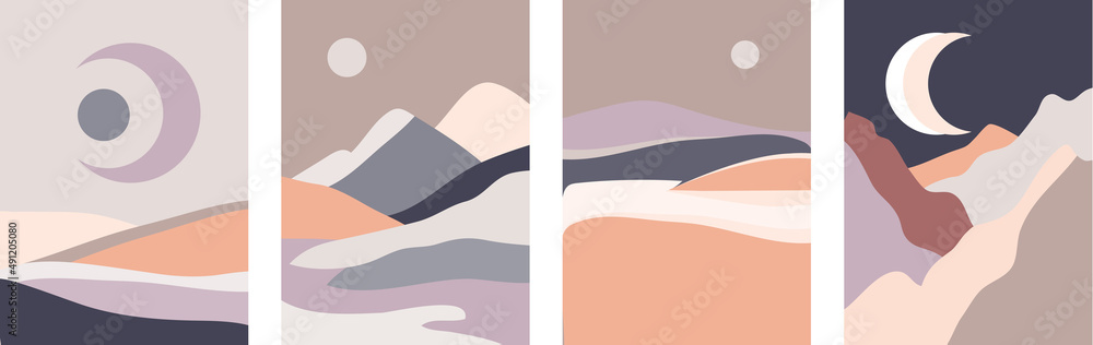 Obraz premium Set of abstract contemporary landscape posters in boho style. Mountain hills view with clouds, sun and moon.Mid century minimalist background for home decoration, wall decor or covers