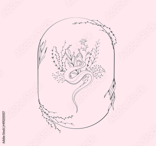 Vector snake with branch and flowers for tattoo t-shirt print or wall art. Hand drawn wedding herb. Botanical rustic trendy greenery