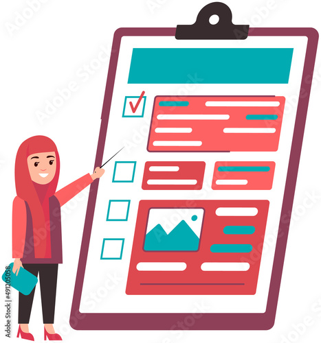Arab woman in hijab holding pointer next to giant checklist. Muslim female character checking tasks, to do list. Clipboard with form for report, data, answers, checkmark. Analysis of survey results