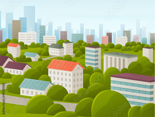 Cityscape with houses and buildings surrounded by trees. Landscape with nature and architecture. City streets with houses and greenery. Area, district with residential buildings and green spaces