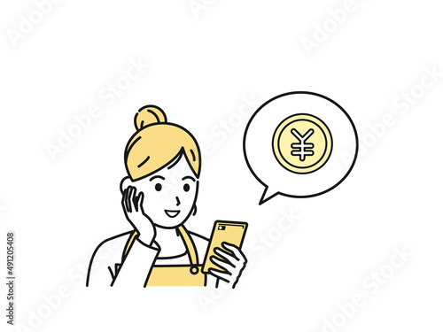 スマートフォンを使う主婦　女性　スマホ　お金　支払い　稼ぐ　副業　送金　ネットバンキング