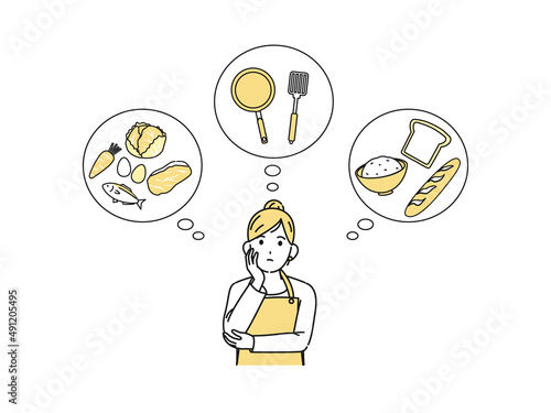料理　献立を考える主婦　家事　悩む　女性　調理法　夕飯　晩御飯　夕食　朝食　お昼ごはん　