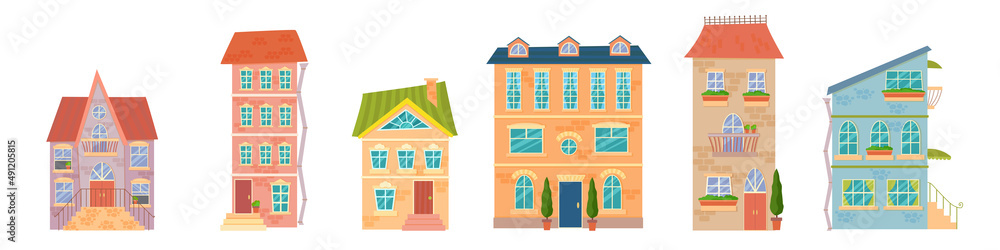 Set of residential and city houses of different styles. Retro city architecture and modern buildings. Vector illustration of a house isolated on a white background.