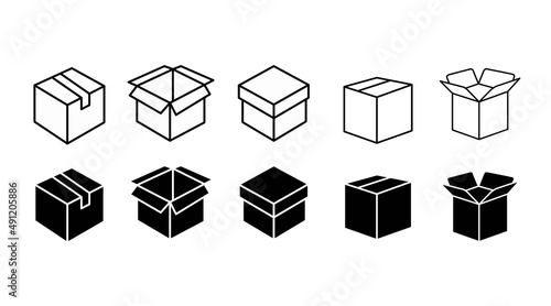 Box Icon Set. Black and white icon set of boxes illustration