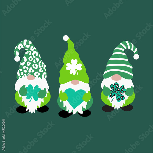St Patricks day green fun leprechaun gnomes shamrock and leopard green hats. St patricks day Irish gnomes cartoon style