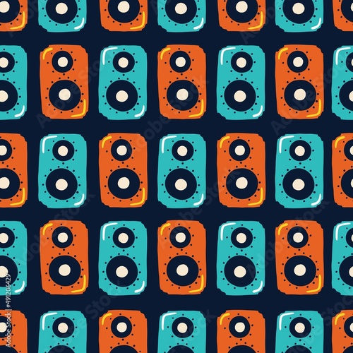 Retro music speakers seamless pattern. Hand drawn colorful illustrations in simple doodle cartoon childish style. Ideal for baby textiles, wallpaper, wrapping paper.