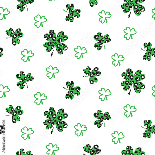 Shamrock leopard green leaf St. Patricks Day seamless pattern. Simple clover leaves on white background