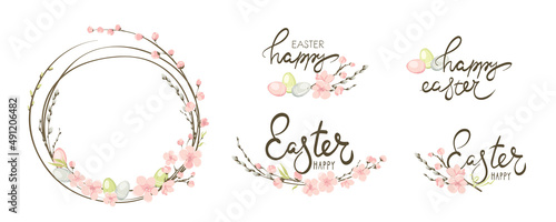 Frames for Easter holidays. Willow, Cherry blossom and eggs. Set vector design elements on the theme of flowering and spring.
