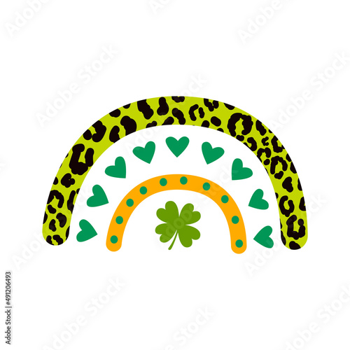 Saint Patrick day rainbow with hearts and leopard print. Feeling lucky Saint Patricks day clipart with shamrock leaf decor.