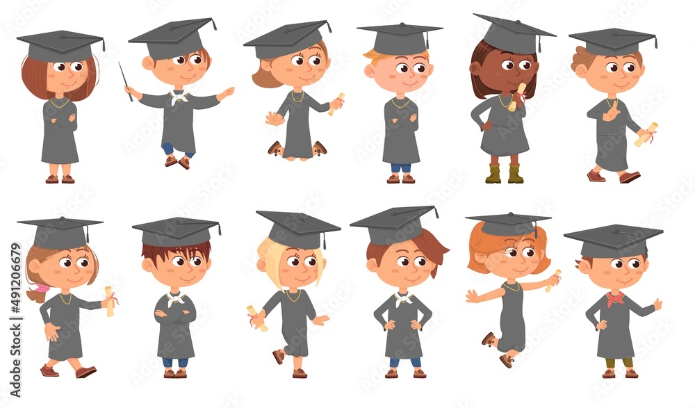 Graduate kids. Graduation cartoon boy and girl, isolated student with certificate. Education characters, success in study. Academic children decent vector set