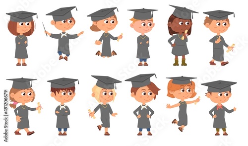 Graduate kids. Graduation cartoon boy and girl, isolated student with certificate. Education characters, success in study. Academic children decent vector set
