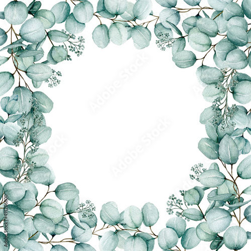 Watercolor eucalyptus Frame, Tropic Frame isolated on white background, Floral eucalyptus leaves and branches exotic Border, Copy Space Hand Painted Frame, For wedding, invitations, printing