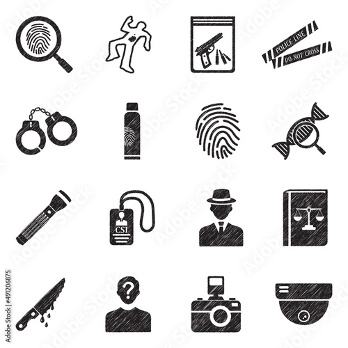 Crime Investigation Icons. Black Scribble Design. Vector Illustration.