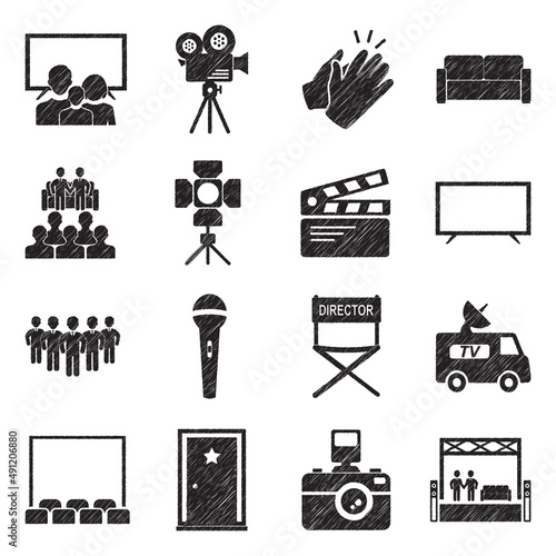 Television Show Icons. Black Scribble Design. Vector Illustration.
