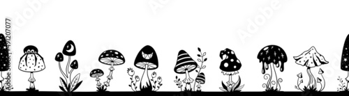Mushroom seamless pattern. Magic psychedelic mushroom with hallucination effect. Funky groovy retro forest garish plants. Black mystical vector sticker border