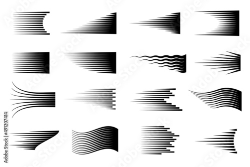 Comic black speed lines. Fast graphics line, manga style gradient motion symbols. Speeding burst elements. Cartoon exact action stripes vector kit