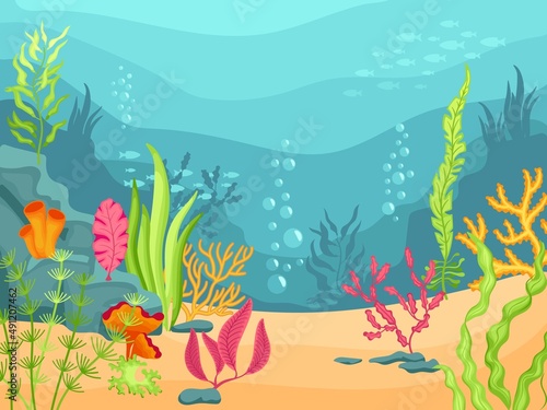 Seaweed underwater background. Ecosystem ocean  sea world with corals and weeds. Nature marine or lake bright illustration. Neat vector cartoon oceanic landscape