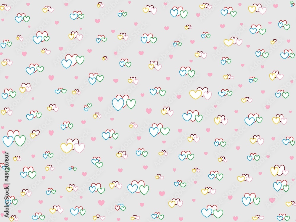 Many colorful hearts of various sizes on a grey background. Valentine day pattern. Wrapping paper design.