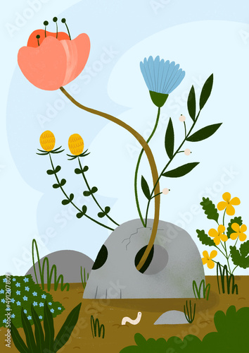 Flowers and plants are sprouting from a skull. Nature's resilience and memento mori