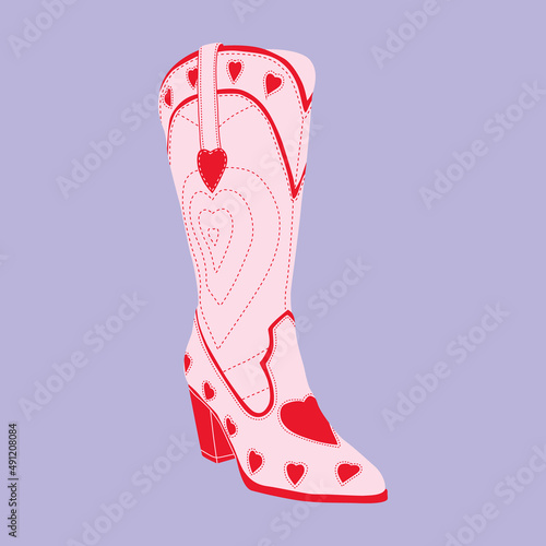 Cowgirl boot with red heart ornaments on purple. Cowboy girl wears fashion boots. Cowboy western theme, wild west, texas. Various cowgirl boots. Hand drawn cartoon trendy vector illustration. 