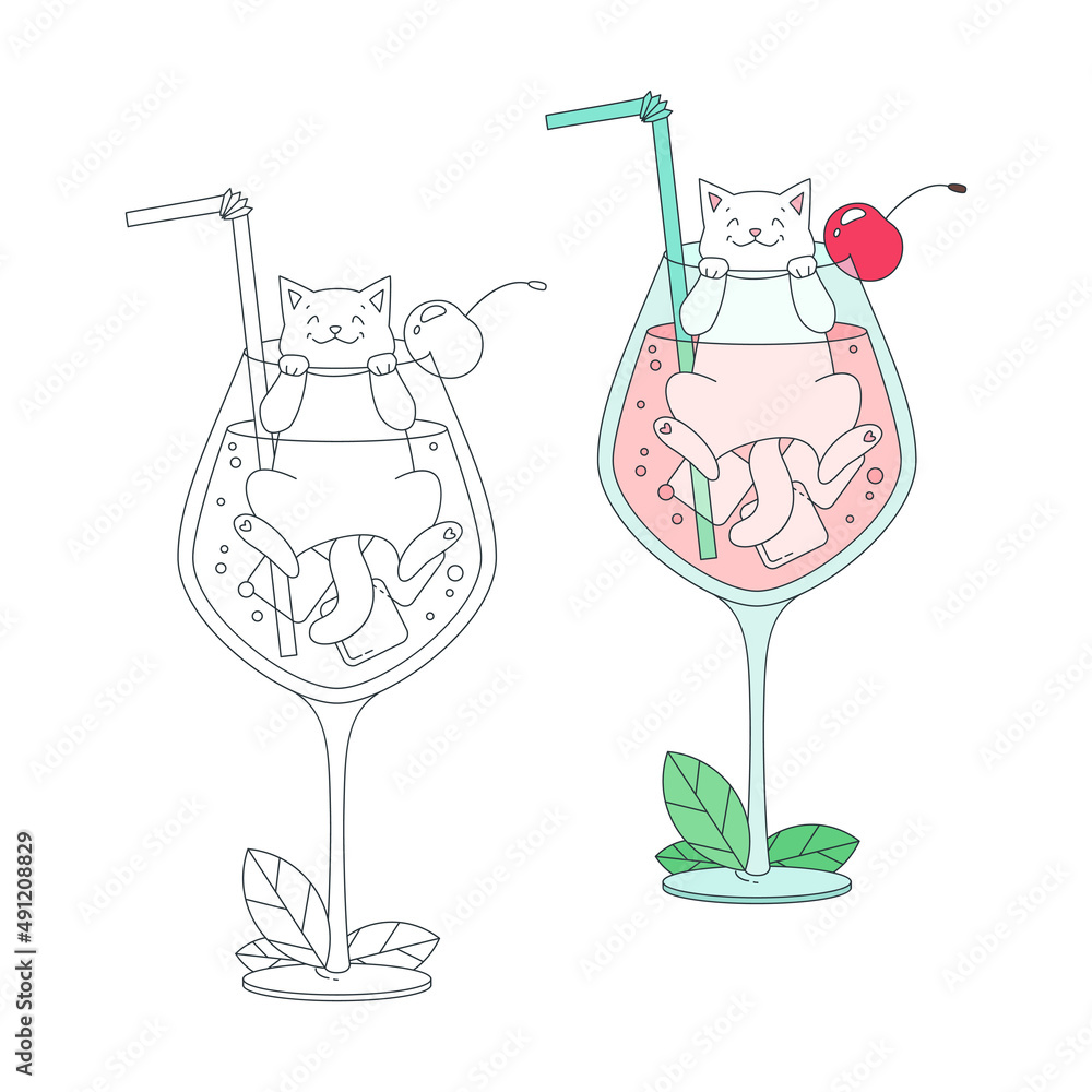 Coloring page with cute cat. Summer illustration of a happy cat and a cocktail glass. Vector 10 EPS.