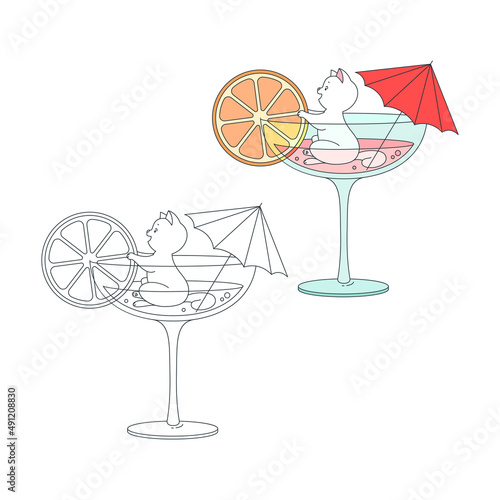 Coloring page with cute cat. Summer illustration of a happy cat and a cocktail glass. Vector 10 EPS.