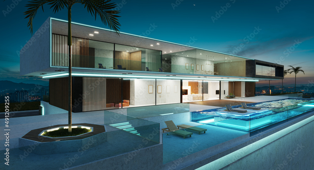 Luxury villa exterior design with beautiful infinity pool. 3d rendering