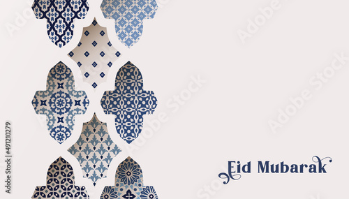 Traditional ornamental arabic tiles, patterns through ornamental arabesque window. Greeting card, invitation. Muslim holiday Ramadan Kareem. Vector illustration background, Eid Mubarak web banner.