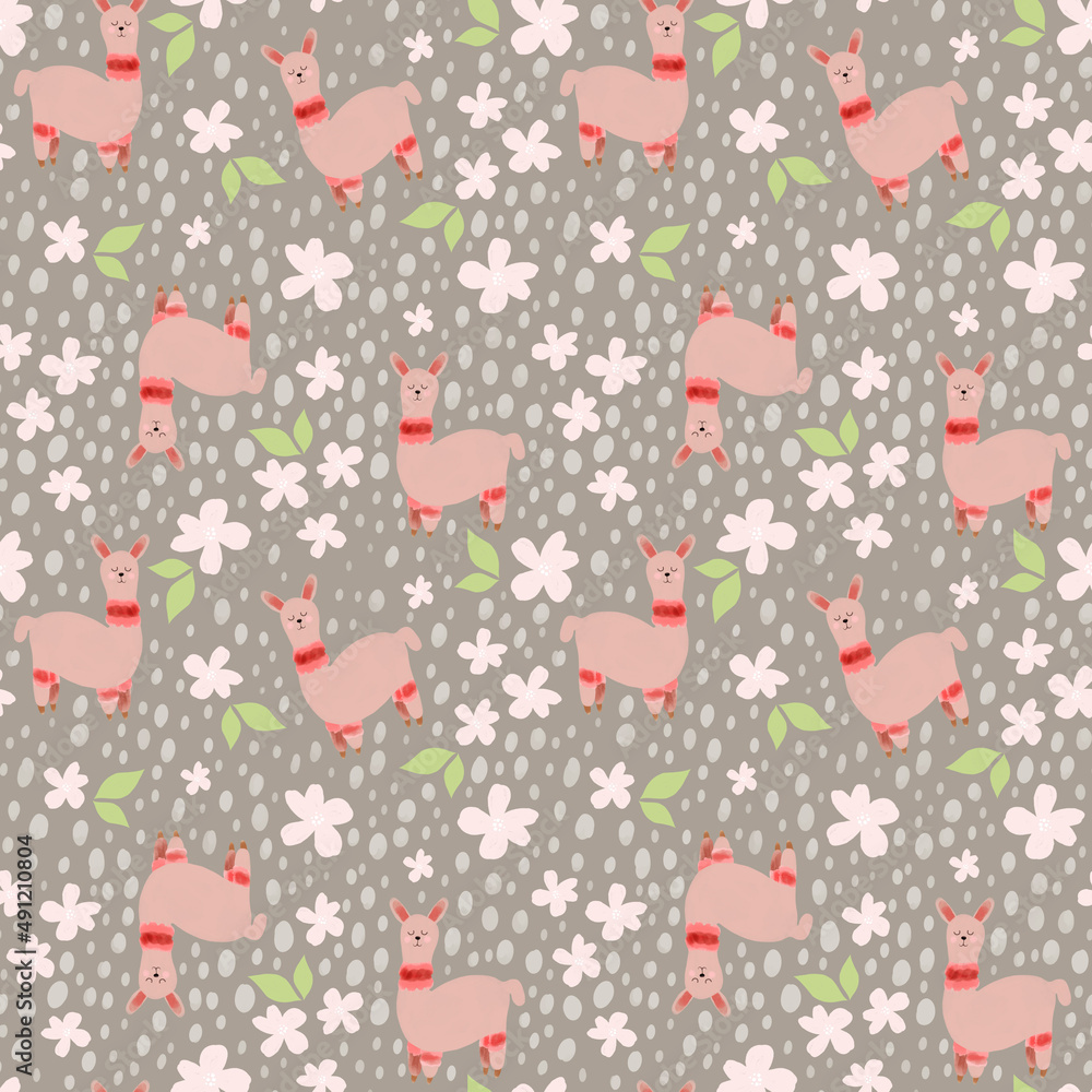 Seamless spring pattern, floral llama repeat print, Fabric ornament, Party wallpaper, Wrapping paper design, Animal background, Season funny texture Seamless spring pattern, floral llama repeat print, Fabric ornament, Party wallpaper, Wrapping paper design, Animal background, Season funny texture