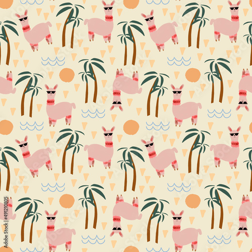 Seamless summer pattern, beach llama repeat print, Fabric ornament, Party wallpaper, Wrapping paper design, Animal background, Beach funny texture