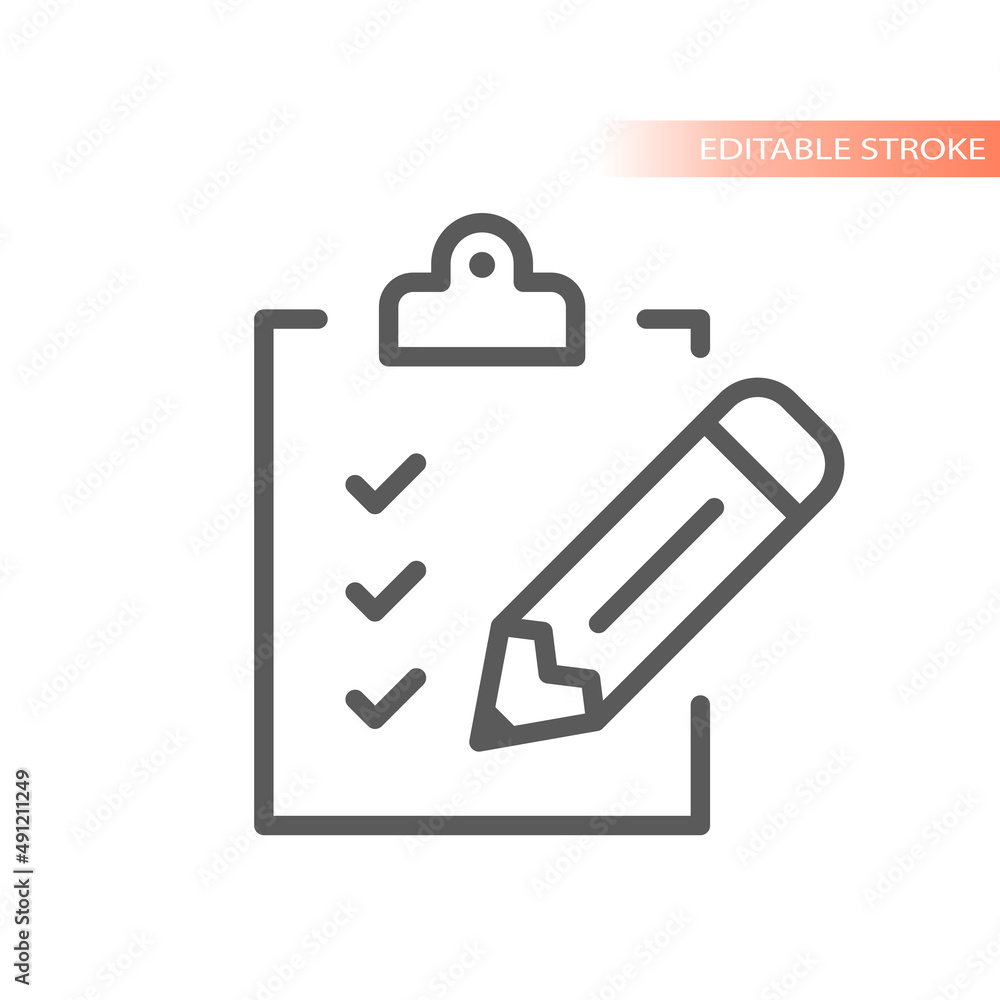 Clipboard with pencil line vector icon. Document form and check mark or tick, edit symbol.
