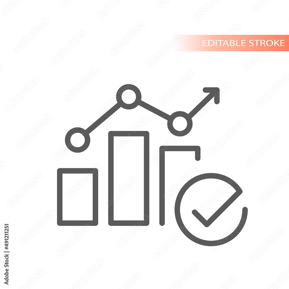 Bar chart with checkmark line vector icon. Data analysis arrow up outlined symbol. Bar chart with checkmark line vector icon. Data analysis arrow up outlined symbol.
